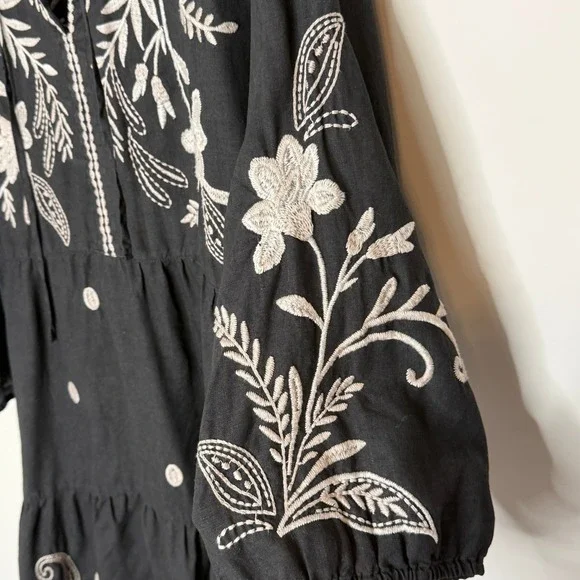 Johnny Was Black Linen Embroidered Frankie Tiered Field Dress Bird Boho Large - Picture 9 of 15